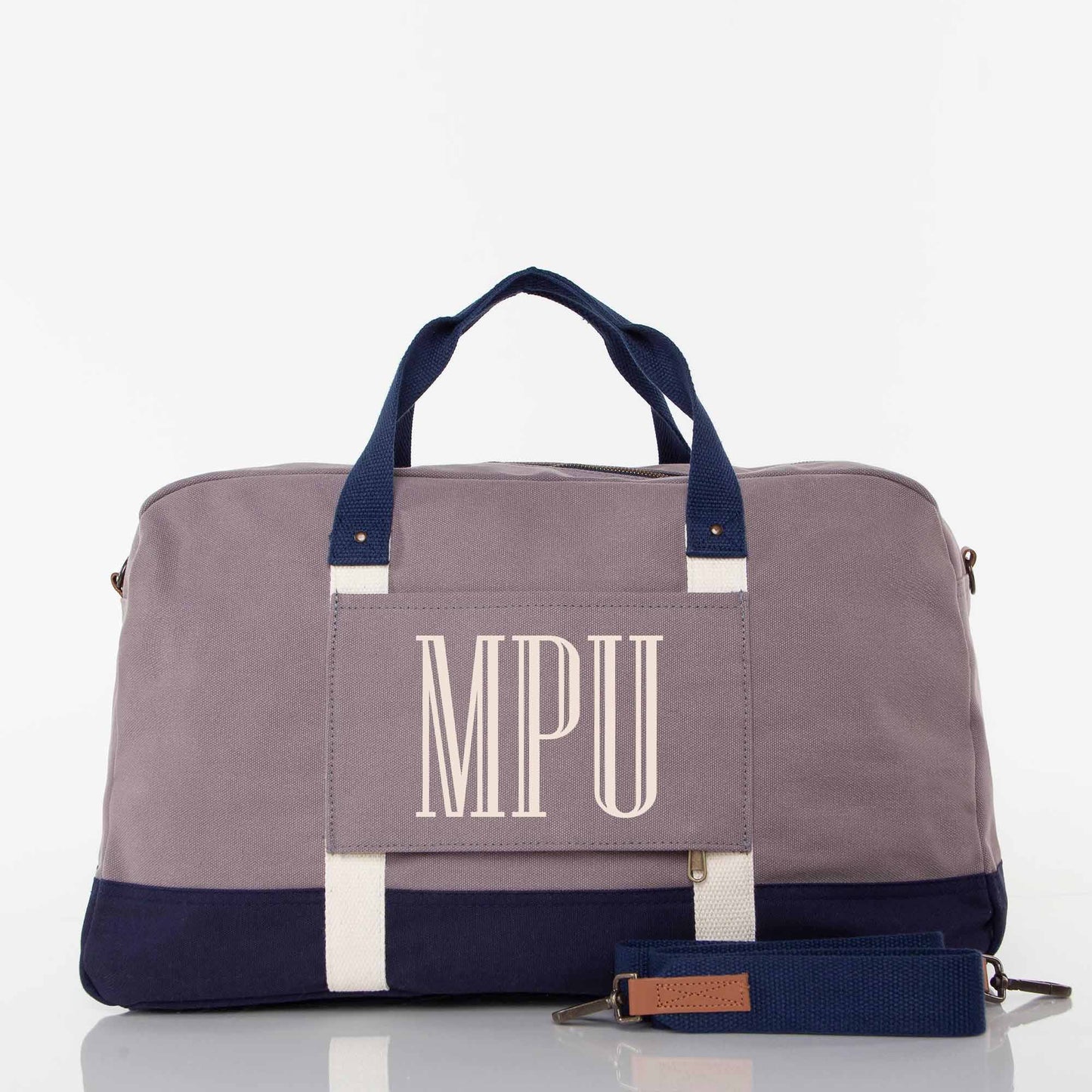 Personalized Expedition Weekender Bag for Short Getaways, Gray & Navy personalized front