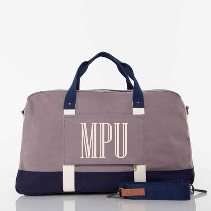 Personalized Expedition Weekender Bag for Short Getaways, Gray & Navy personalized front