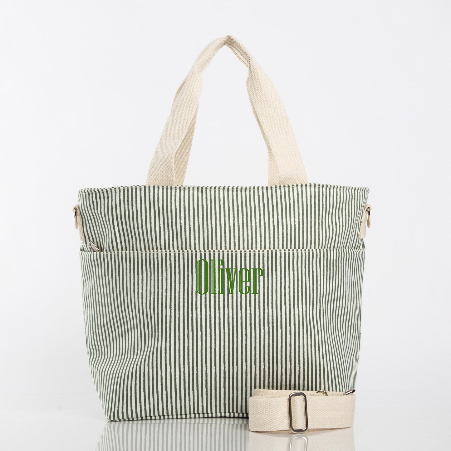 Personalized Stripes Cooler Tote for Picnic Days, Myrtle Green personalized front