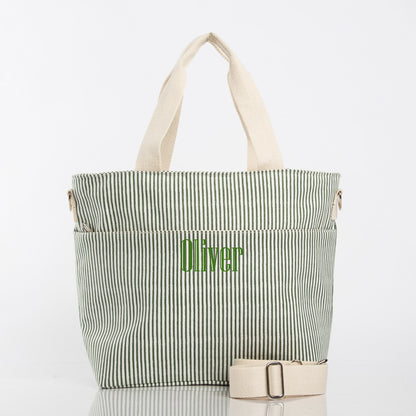 Personalized Stripes Cooler Tote for Picnic Days, Myrtle Green personalized front