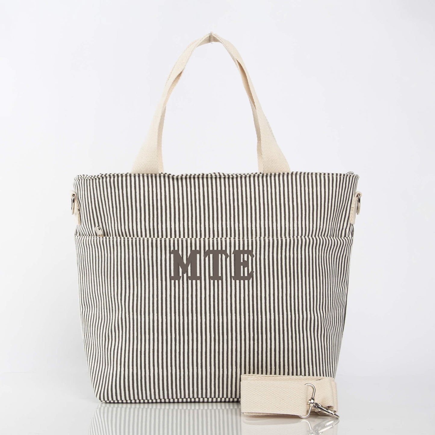 Personalized Stripes Cooler Tote for Picnic Days, Gray personalized front