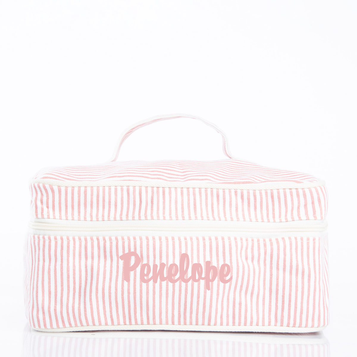 Personalized Stripes Train Case for Pretty Keepsakes, Rose Tan personalized front