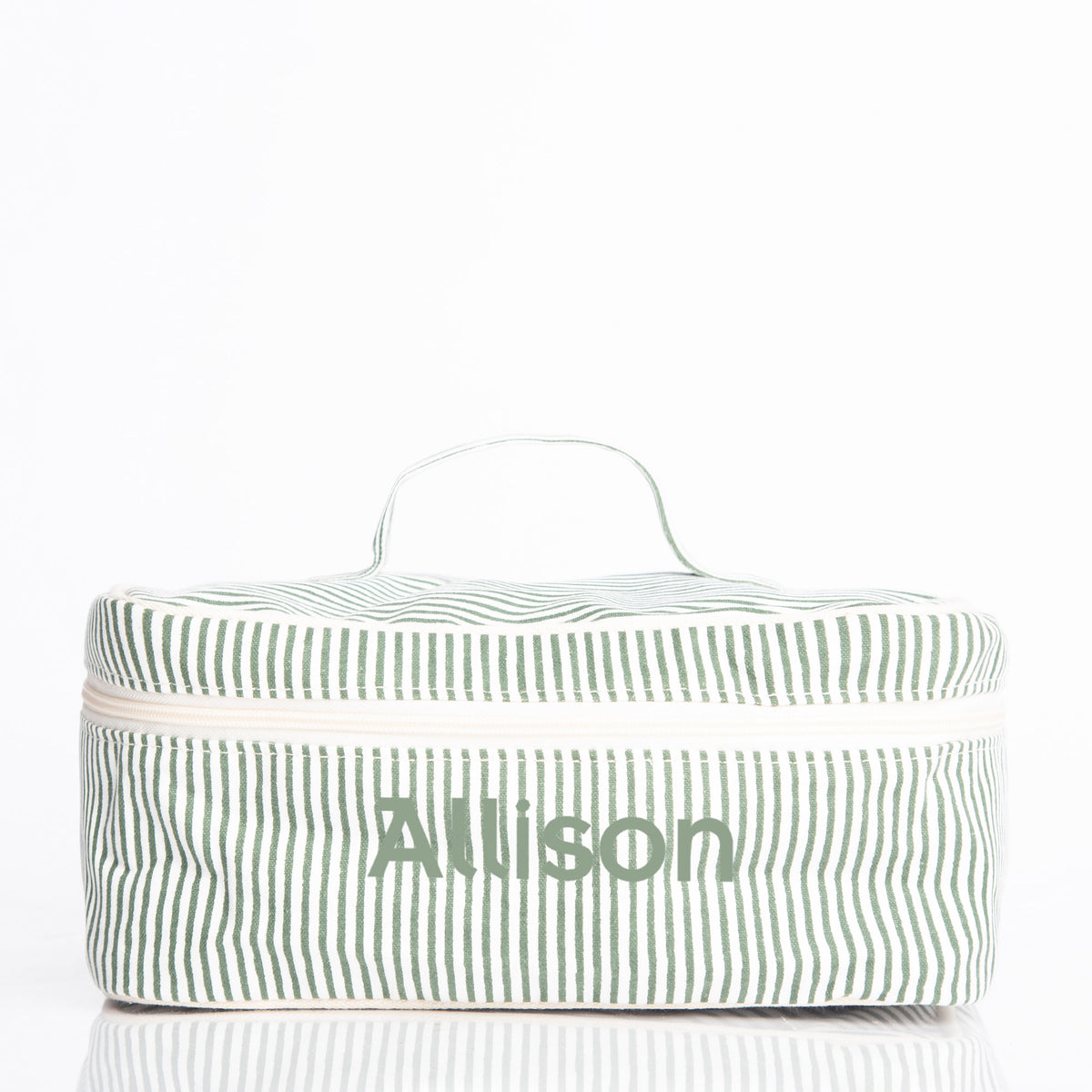 Personalized Stripes Train Case for Pretty Keepsakes, Myrtle Green personalized front