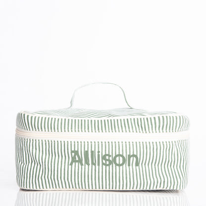 Personalized Stripes Train Case for Pretty Keepsakes, Myrtle Green personalized front