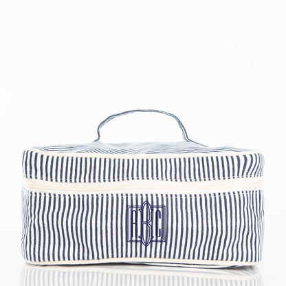 Personalized Stripes Train Case for Pretty Keepsakes, Navy personalized front