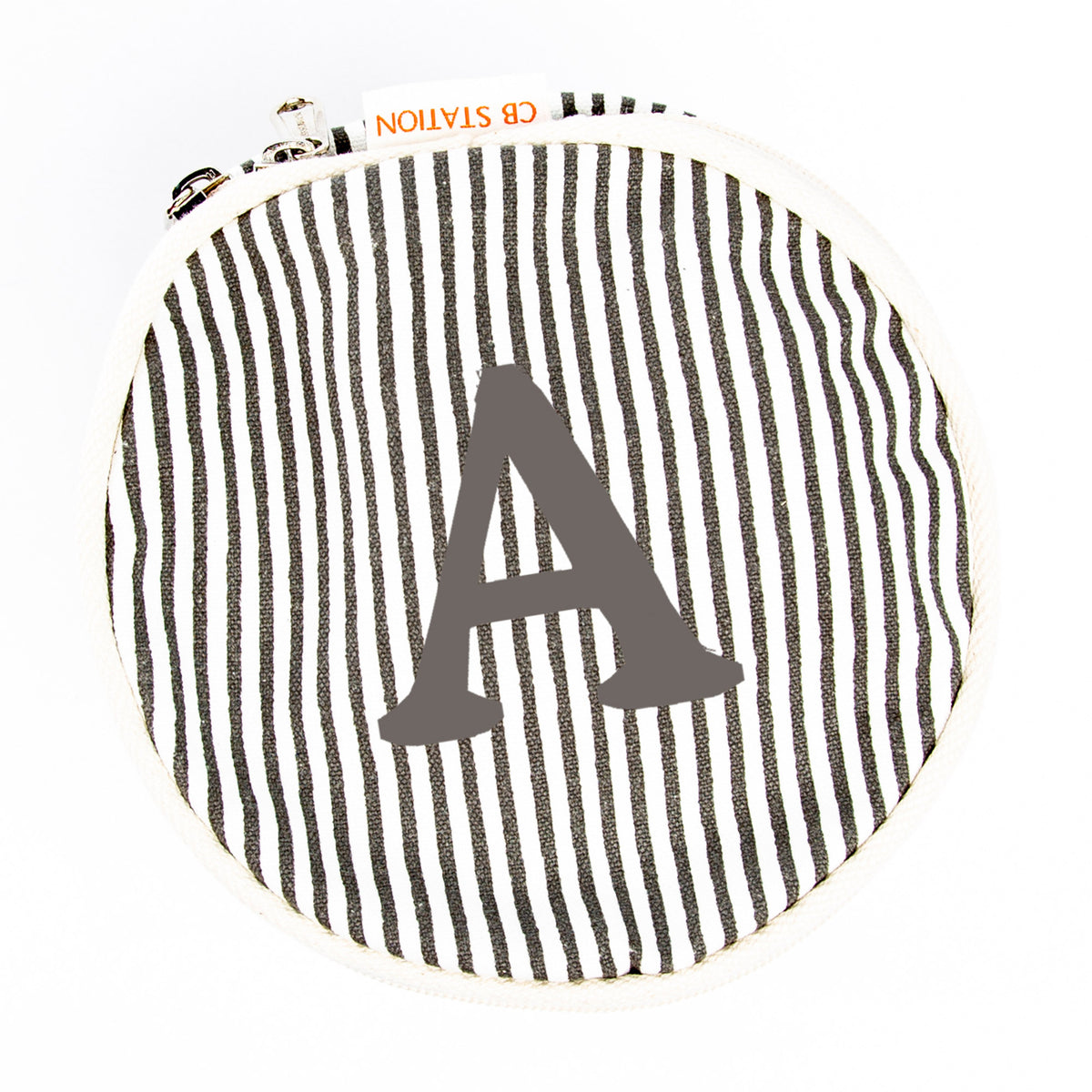 Personalized Stripes Circle Case for Pretty Keepsakes, Gray personalized front