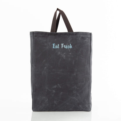 Personalized Waxed Canvas Market Tote for Fresh Finds, Slate personalized front