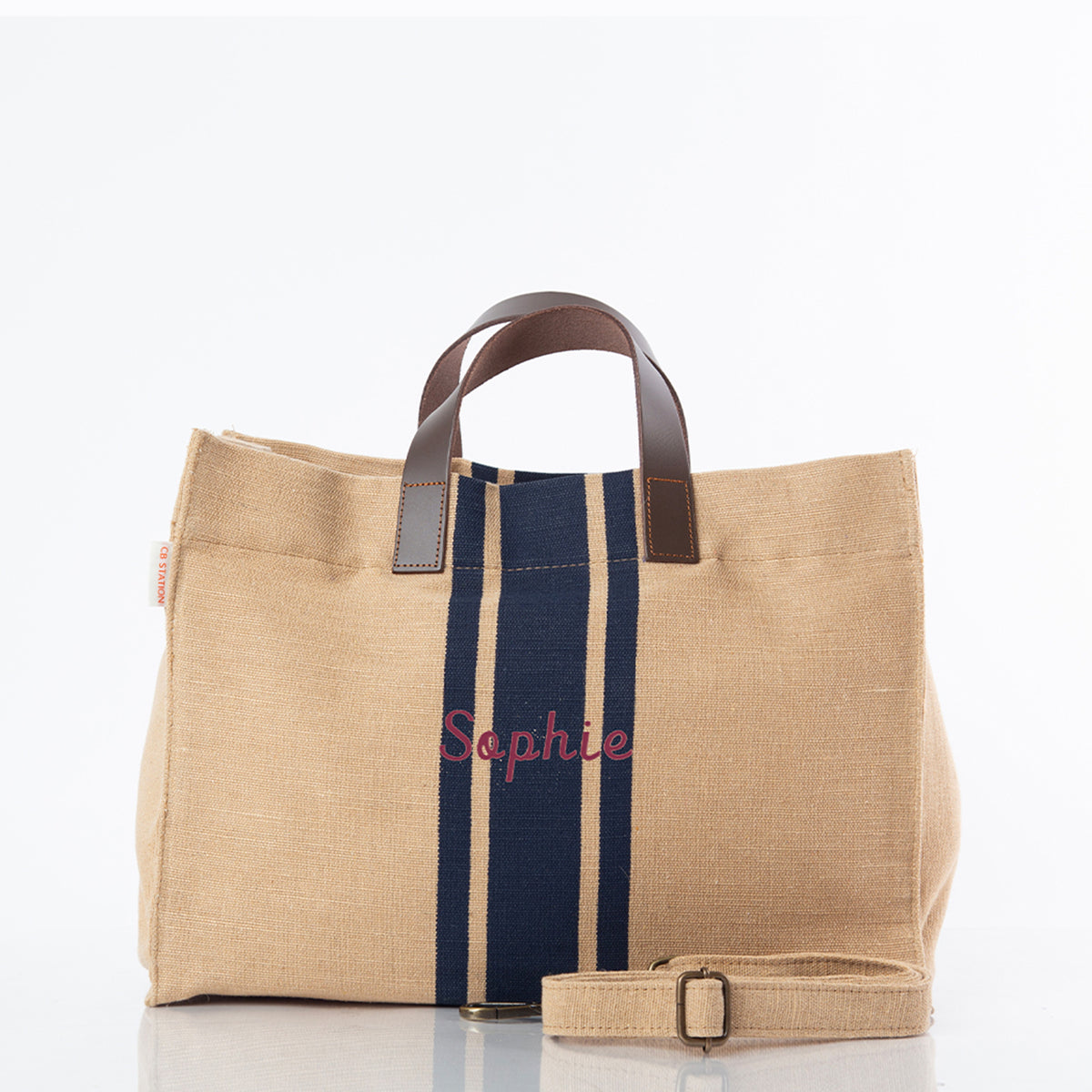 Personalized Jute & Leather Satchel for Everyday Elegance, Navy personalized front