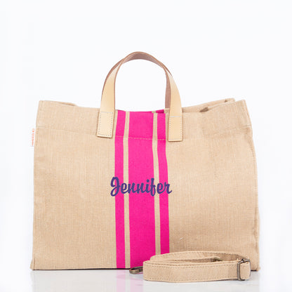 Personalized Jute & Leather Satchel for Everyday Elegance, Pink personalized front