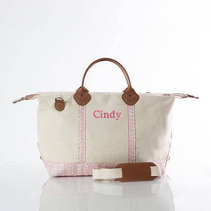 Personalized Block Print Weekender Bag for Short Getaways, Powder Pink personalized front