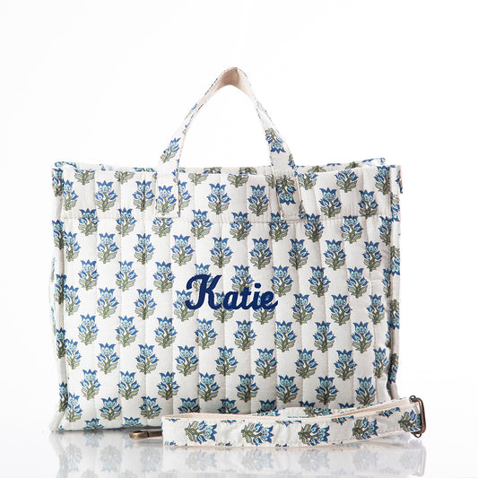 Personalized Block Print Tote for Everyday Carry, Aqua personalized front