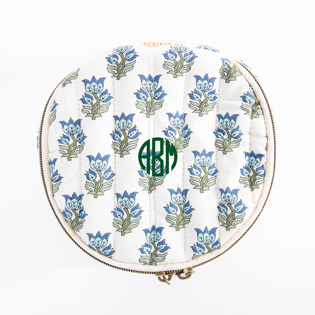 Personalized Block Print Circle Case for Pretty Keepsakes, Aqua personalized front