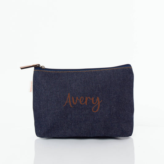 Personalized Heritage Denim Clutch Bag for Date Night, Dark Denim personalized front