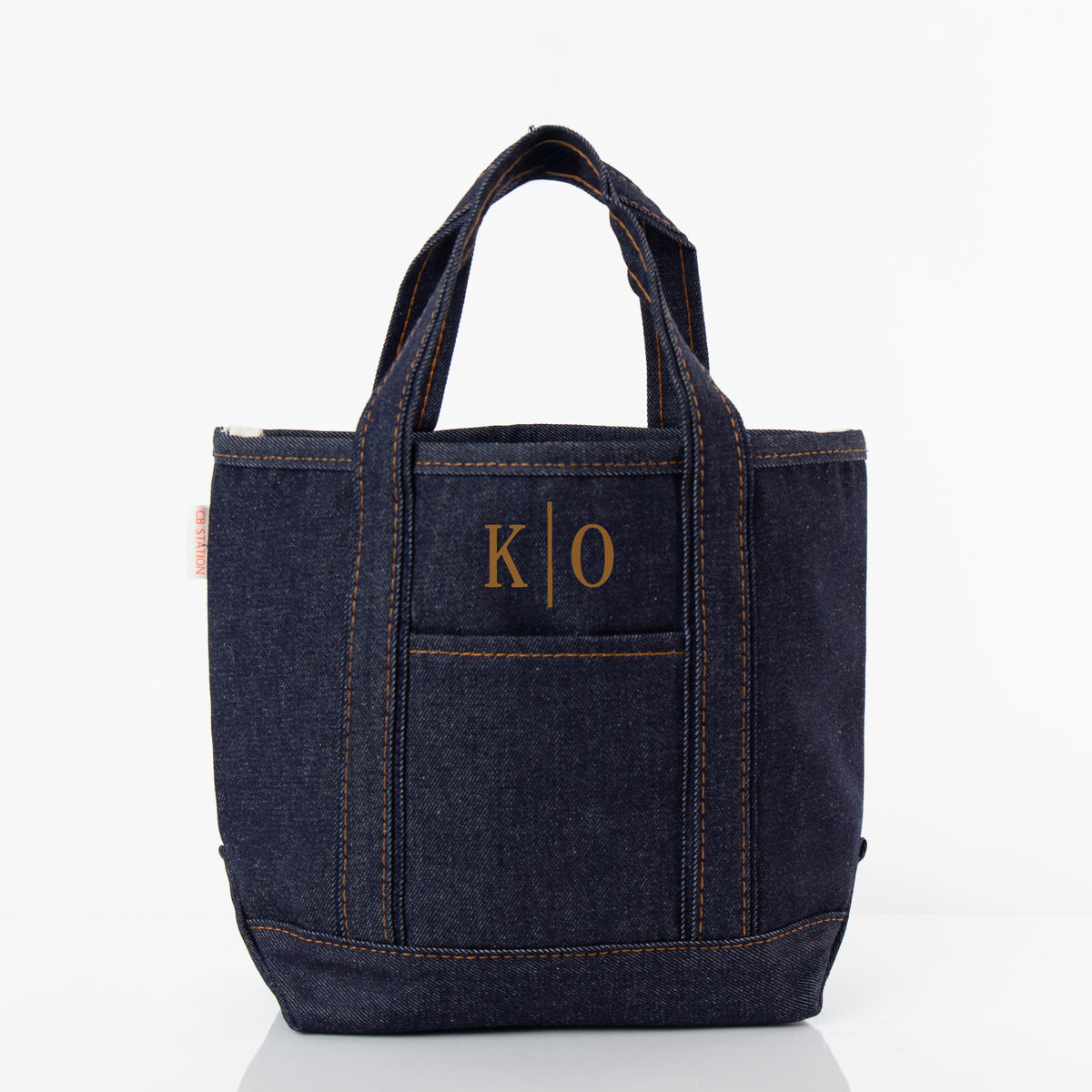 Personalized Heritage Denim Open Top Tote for Everyday Carry, Dark Denim personalized front