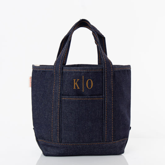 Personalized Heritage Denim Open Top Tote for Everyday Carry, Dark Denim personalized front