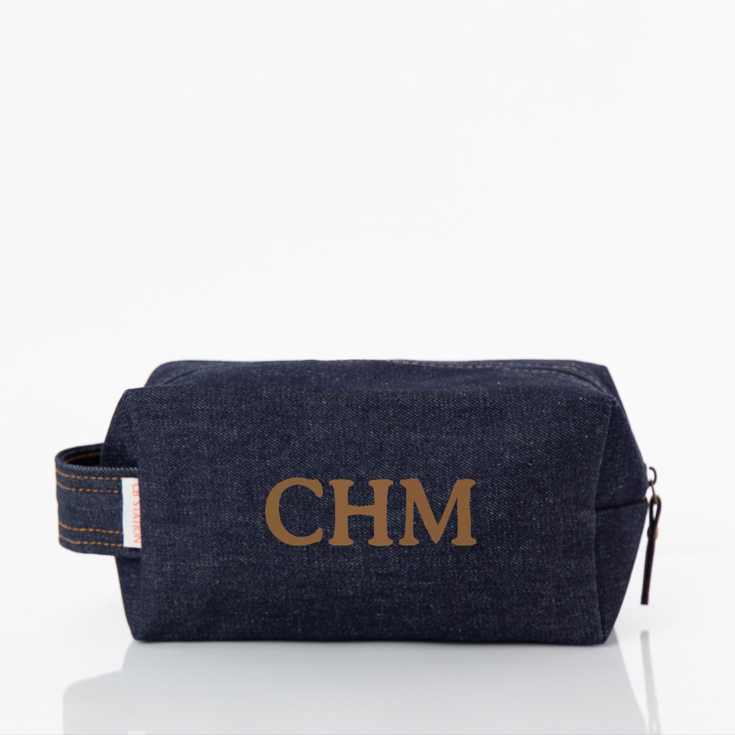 Personalized Heritage Denim Dopp Kit for Grooming Gear, Dark Denim personalized front