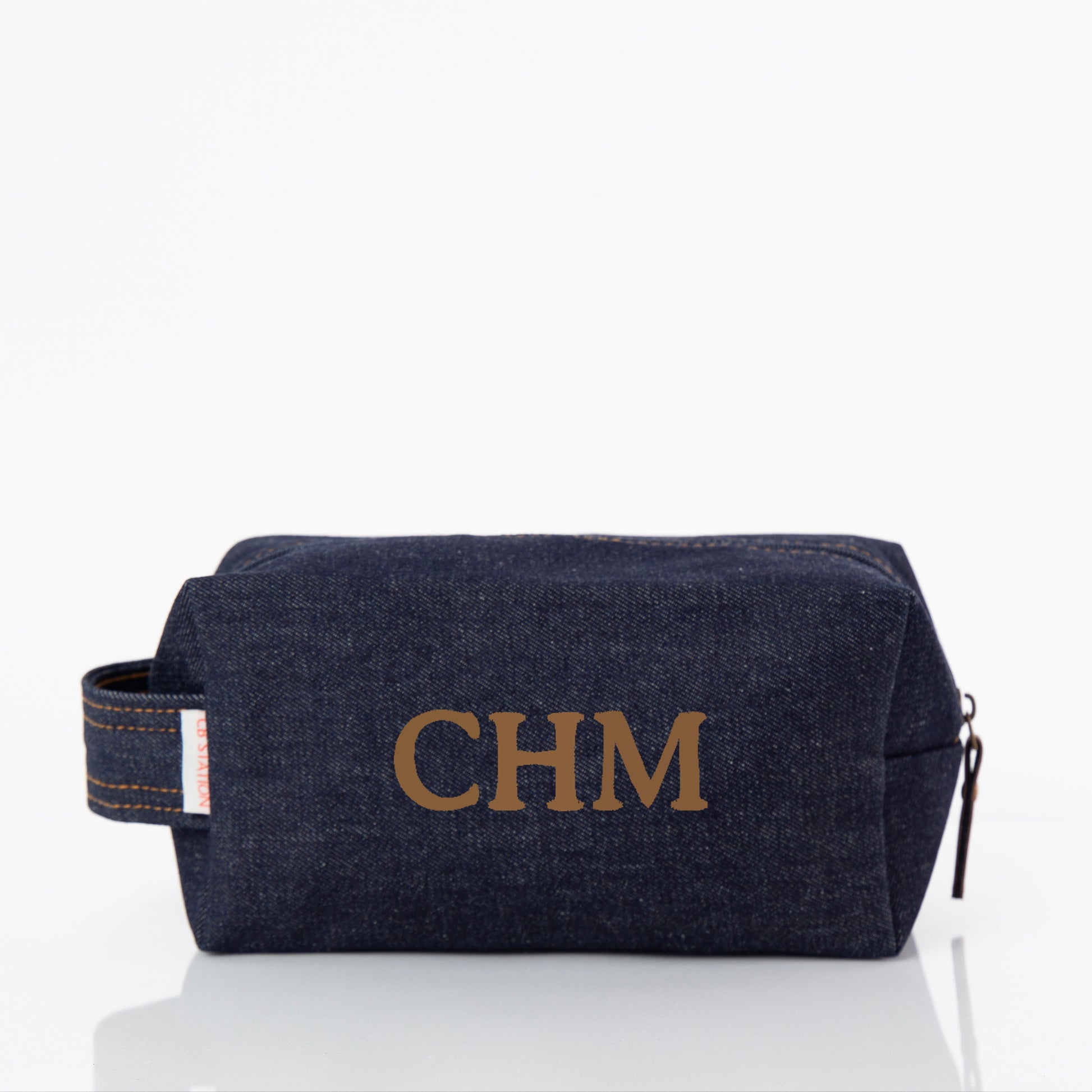 Personalized Heritage Denim Dopp Kit for Grooming Gear, Dark Denim personalized front