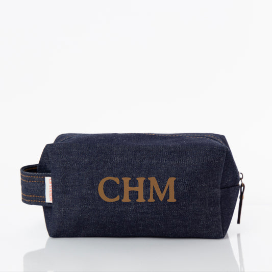 Personalized Heritage Denim Dopp Kit for Grooming Gear, Dark Denim personalized front
