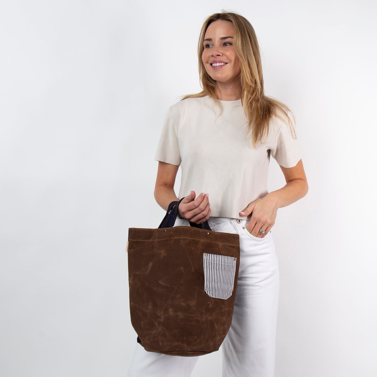 Personalized Heritage Waxed Bucket Tote for Everyday Carry, Khaki & Dark Denim alternate view 4