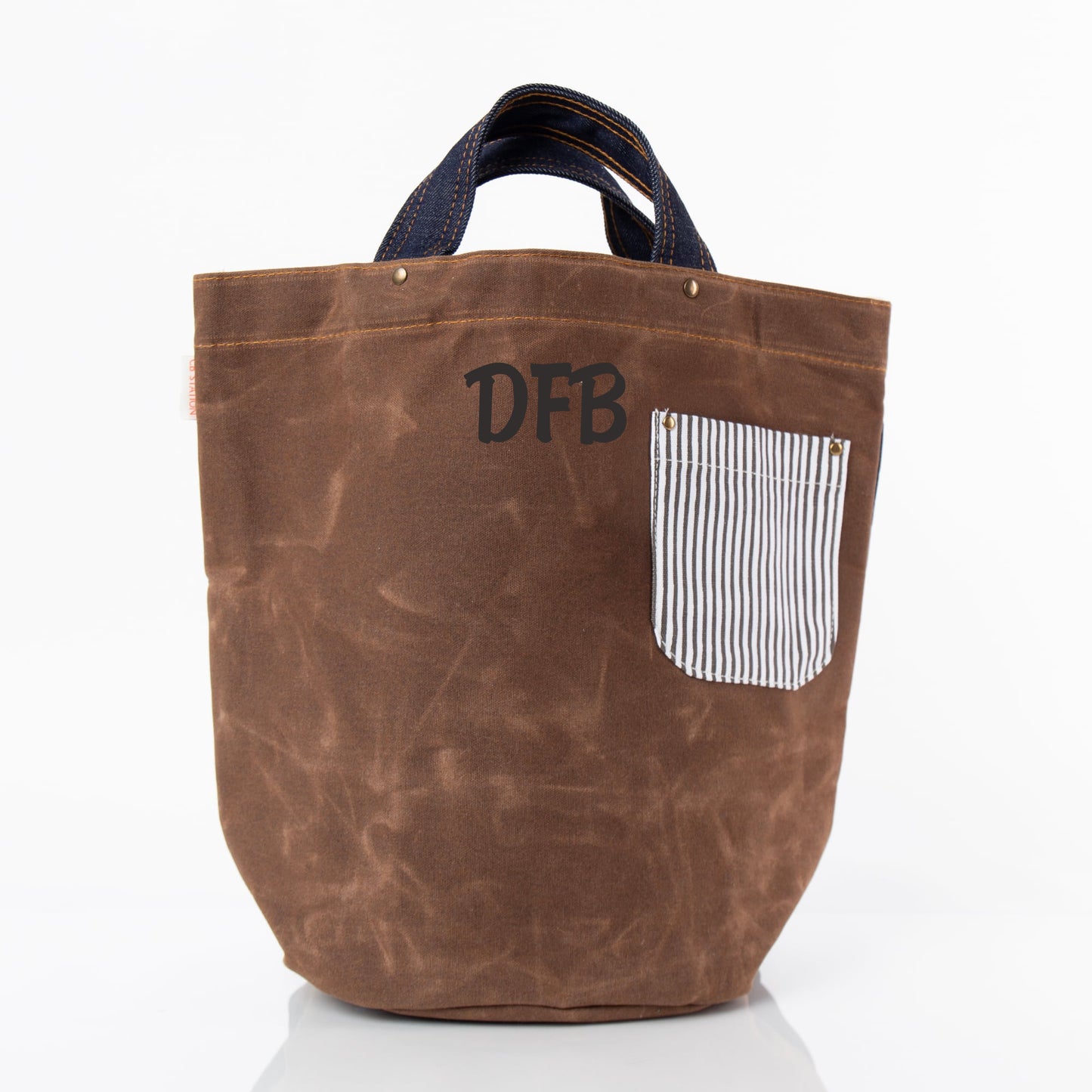Personalized Heritage Waxed Bucket Tote for Everyday Carry, Khaki & Dark Denim personalized front