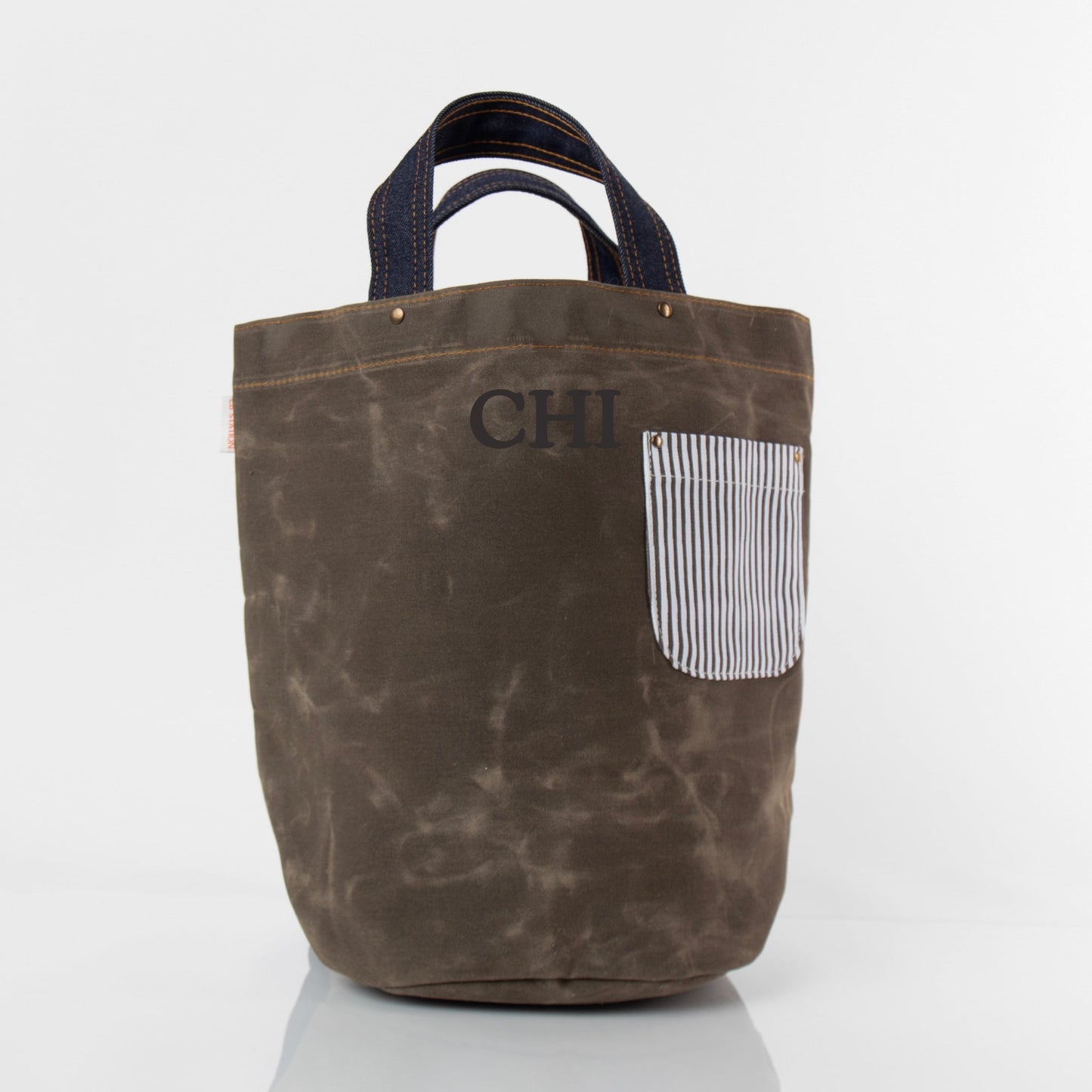 Personalized Heritage Waxed Bucket Tote for Everyday Carry, Olive & Dark Denim personalized front
