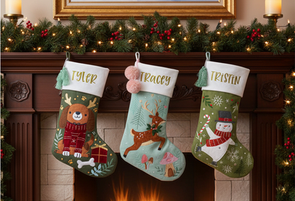 Three personalized holiday stockings with dog, deer, and snowman designs hang on a fireplace mantel.