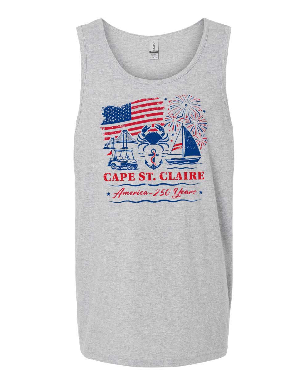 Gray tank top with Cape St. Claire graphic design on a white background