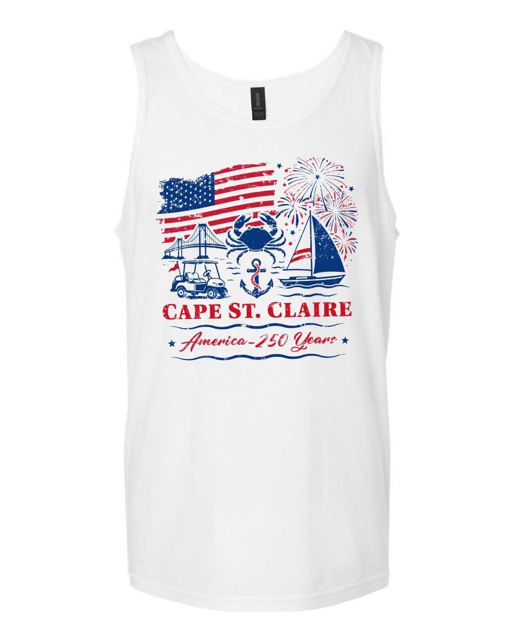 White tank top with Cape St. Claire design featuring American flag, sailboat, and fireworks on a white background.