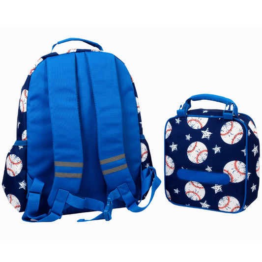 Blue backpack and lunchbox set with baseball and star pattern, showing back straps and front view