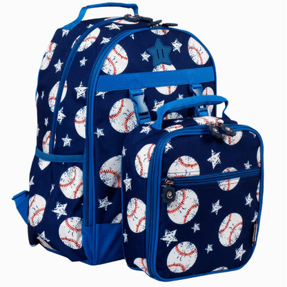 Navy blue backpack and lunchbox set featuring a pattern of white baseballs and stars with bright blue trim.