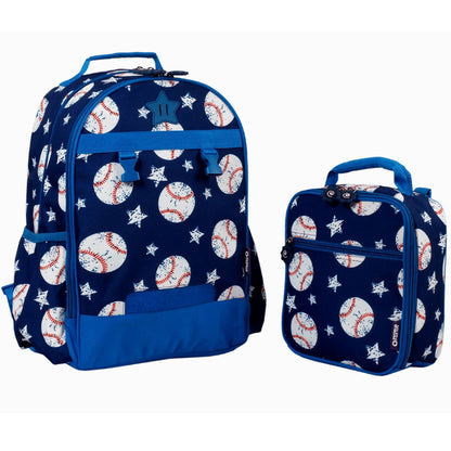 Navy blue backpack and lunchbox set featuring a pattern of white baseballs and stars with blue trim.