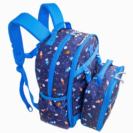 Navy blue backpack and lunchbox set with space-themed rockets, stars, and planets, featuring bright blue straps and zippers.