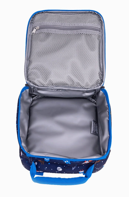 Open lunchbox with a navy blue space-themed exterior and a silver insulated interior.