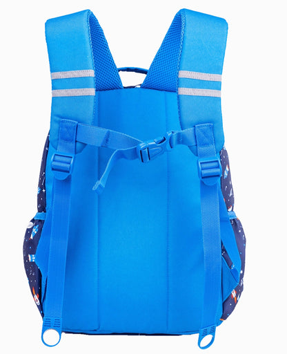 Back view of a blue backpack with reflective strips and side pockets featuring a space-themed rocket pattern.