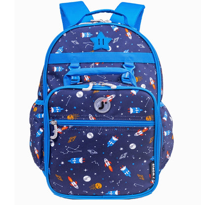 Blue backpack with a space-themed print of rockets, planets, and stars, featuring a blue star patch and matching straps.