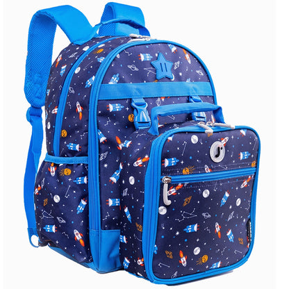 Navy blue backpack and lunchbox set with space-themed rockets, stars, and planets, featuring bright blue straps and accents.
