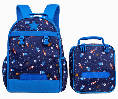 Blue backpack and lunchbox set with a space pattern featuring rockets, planets, and stars.