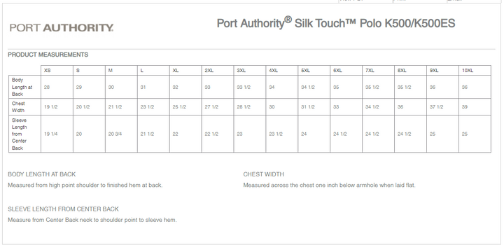 Size chart for polo shirt