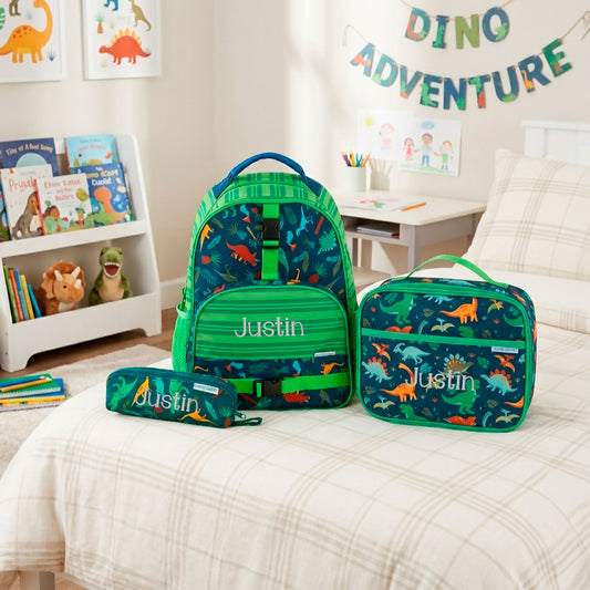 Personalized Stephen Joseph Green Dinosaur Backpack, Lunchbox & Pencil Pouch Set
