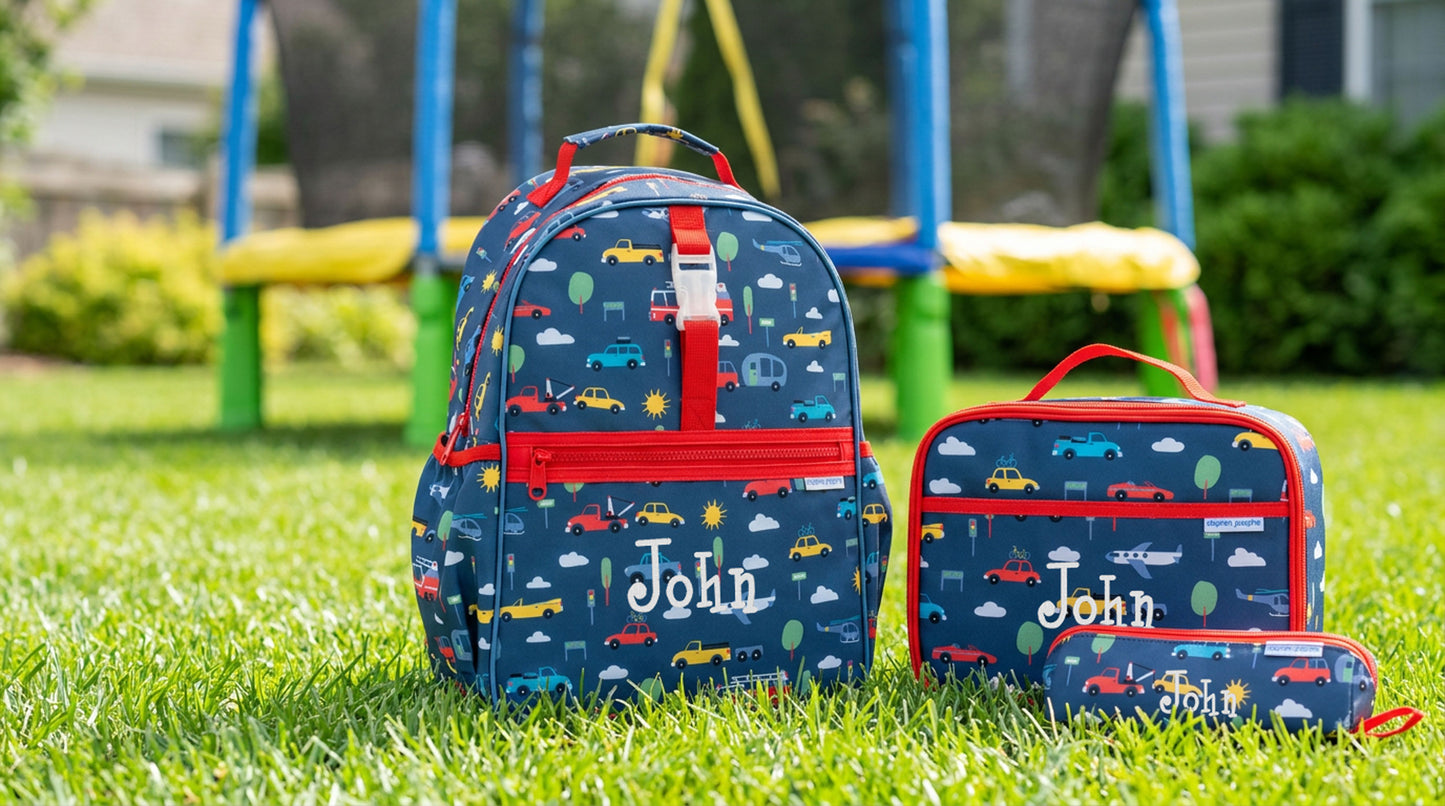 Personalized Stephen Joseph Cars & Trucks Backpack, Lunchbox & Pencil Pouch Set