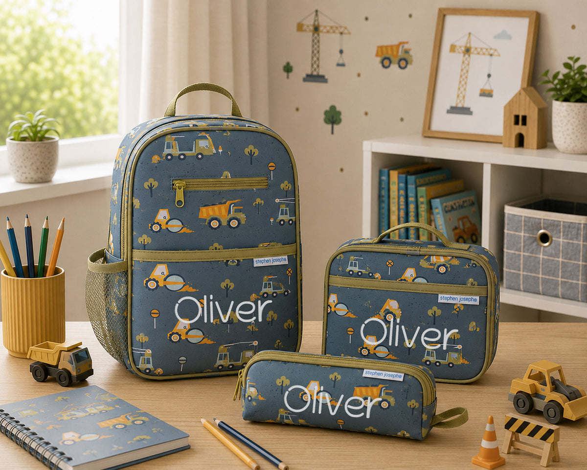 Personalized Stephen Joseph Construction Backpack, Lunchbox & Pencil Pouch Set