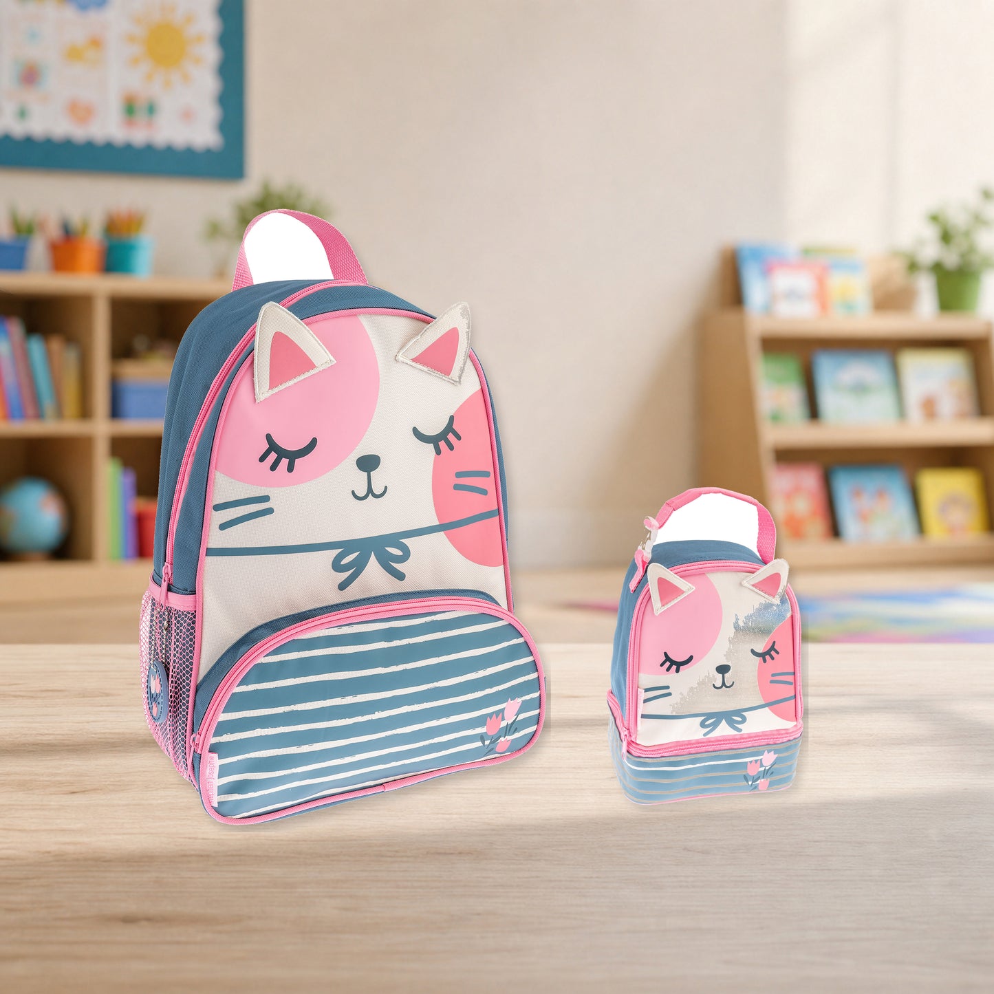 Stephen Joseph Character Lunch Pal Lunch Box, Grey & Pink Cat matching SJ102008B backpack and lunchbox kit lifestyle image