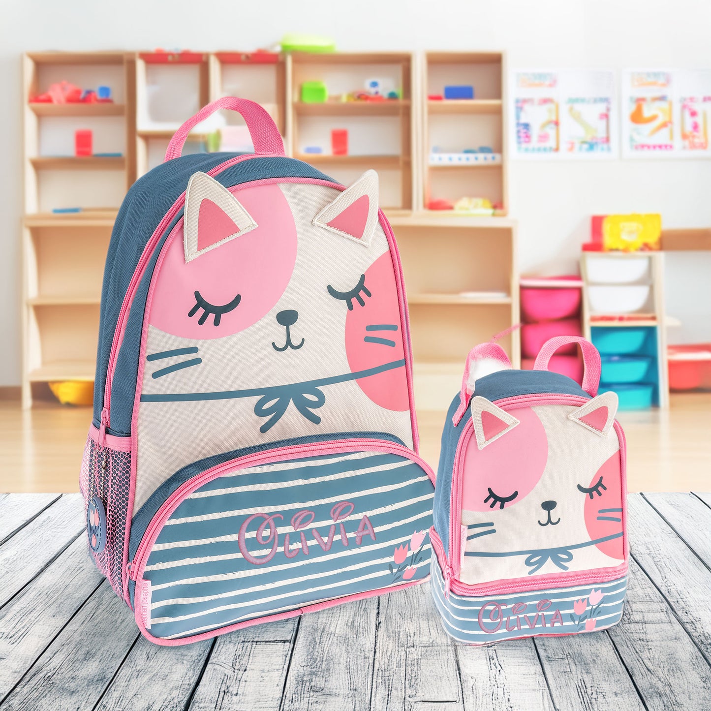 Personalized Stephen Joseph Grey Cat Backpack & Lunchbox Set