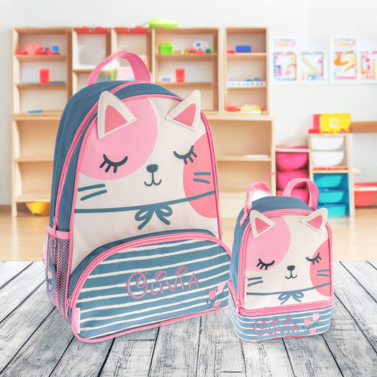 Personalized Stephen Joseph Grey Cat Backpack & Lunchbox Set