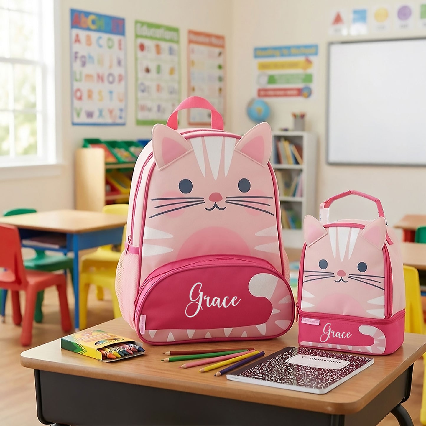 Personalized Pink Cat Backpack Set, Stephen Joseph | NautiTown