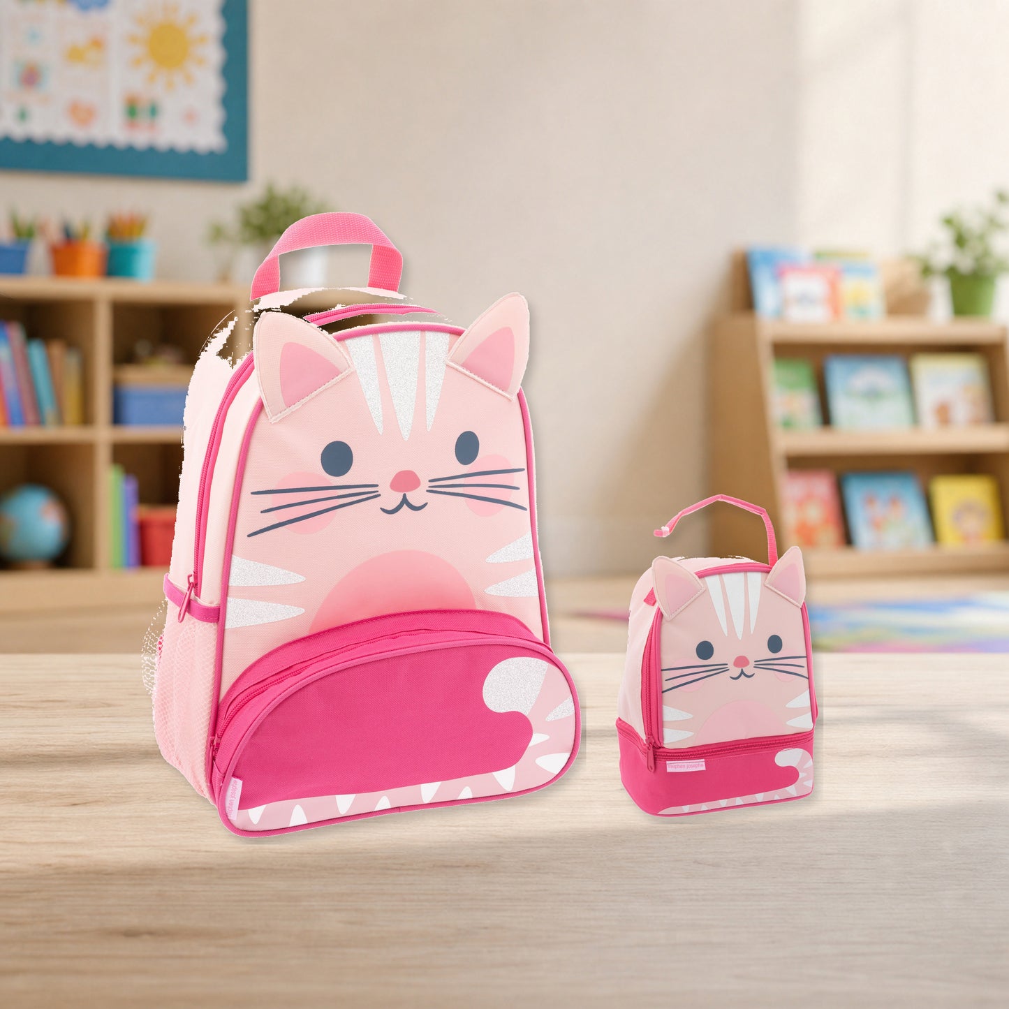 Stephen Joseph Character Lunch Pal Lunch Box, Pink Cat matching SJ102008C backpack and lunchbox kit lifestyle image