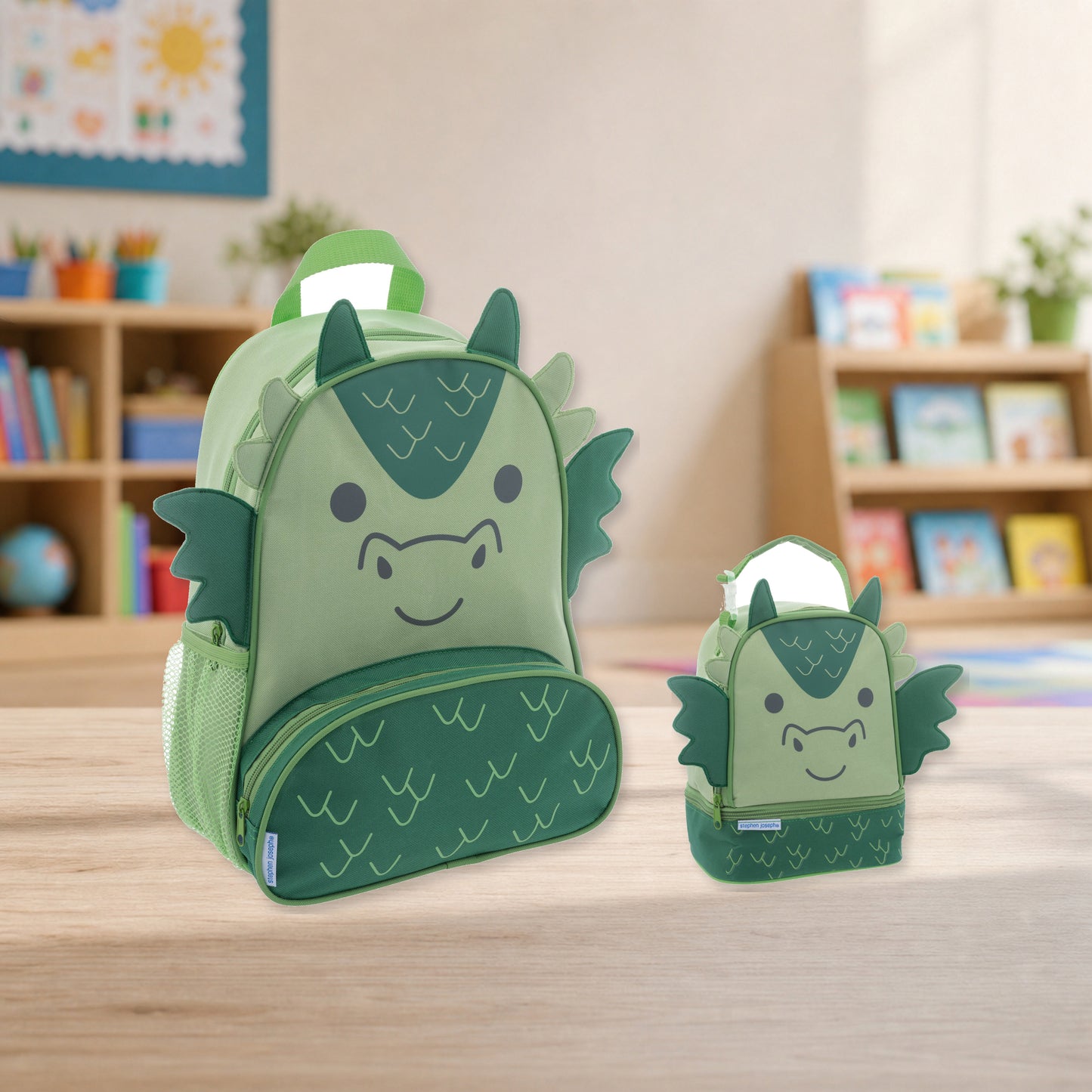 Stephen Joseph Character Lunch Pal Lunch Box, Dragon matching SJ102054 backpack and lunchbox kit lifestyle image