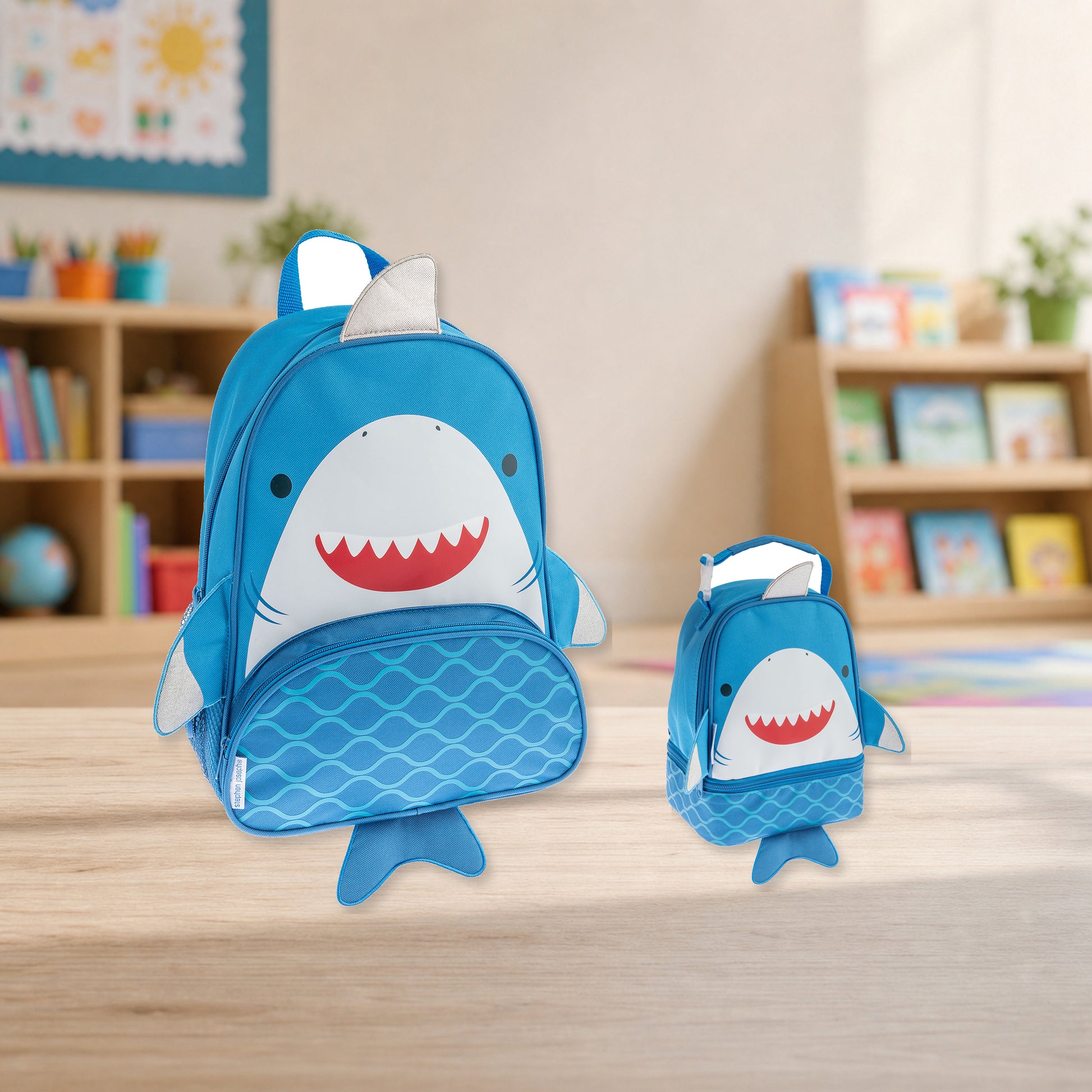 Stephen Joseph Character Lunch Pal Lunch Box, Blue Shark 2 matching SJ102080B backpack and lunchbox kit lifestyle image