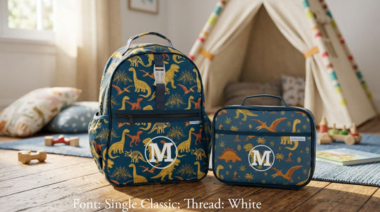 Navy Stephen Joseph backpack and lunchbox with colorful dinosaur all-over print, each featuring a white embroidered "M" monogram on the front pocket