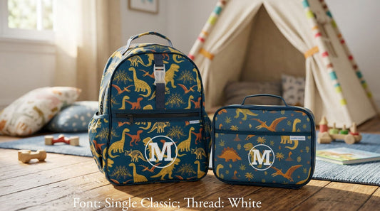 Navy backpack and lunchbox set with yellow and orange dinosaur print and white embroidered 'M' monogram.